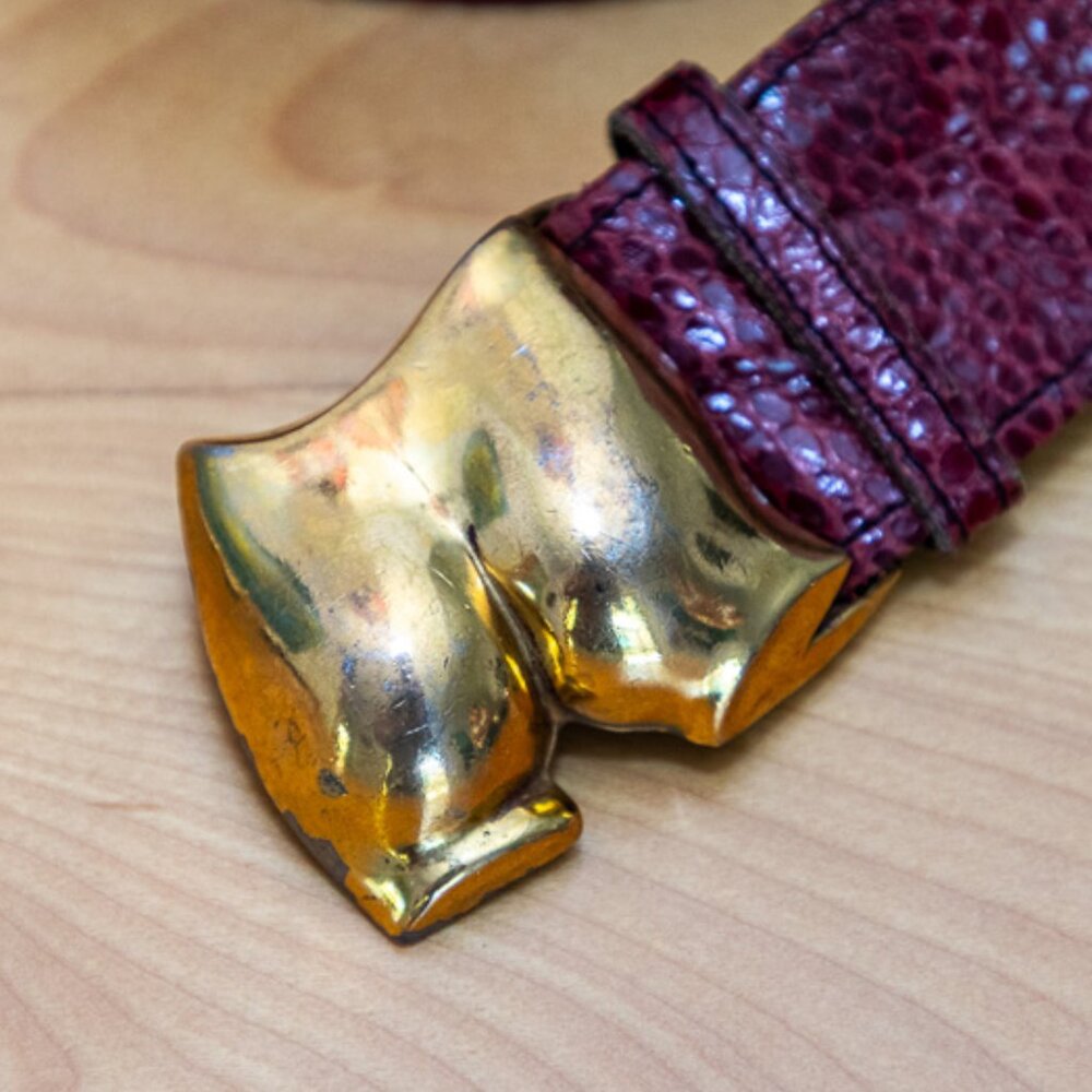 Vintage Christopher Ross Brass Belt Buckle with Red Snake Leather Belt.